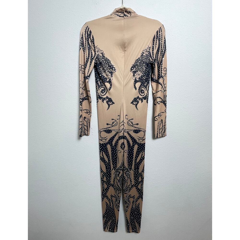 BANJUL Rhinestone Bodysuit Catsuit Nude Black Tribal Print Stretch Jumpsuit - Picture 2 of 15